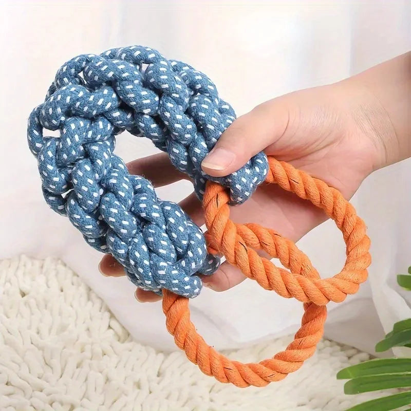 Double-Handle Braided Rope Knot Toy in Blue and Orange