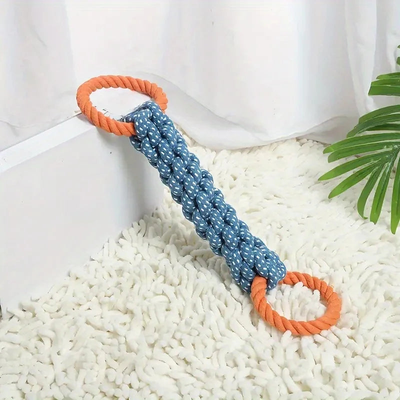 Double-Handle Braided Rope Knot Toy in Blue and Orange
