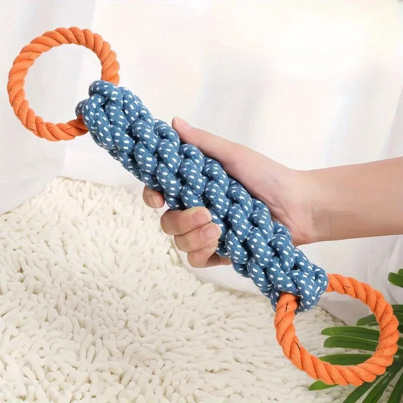 Double-Handle Braided Rope Knot Toy in Blue and Orange