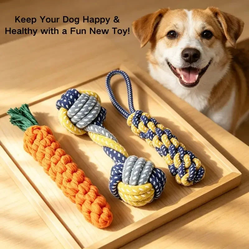 Plant-Dyed Cotton Rope Dog Chew Toy, Carrot Corn Stick & Dumbbell Shaped - Teeth Cleaning & Bite-Resistant for Small Medium Dogs